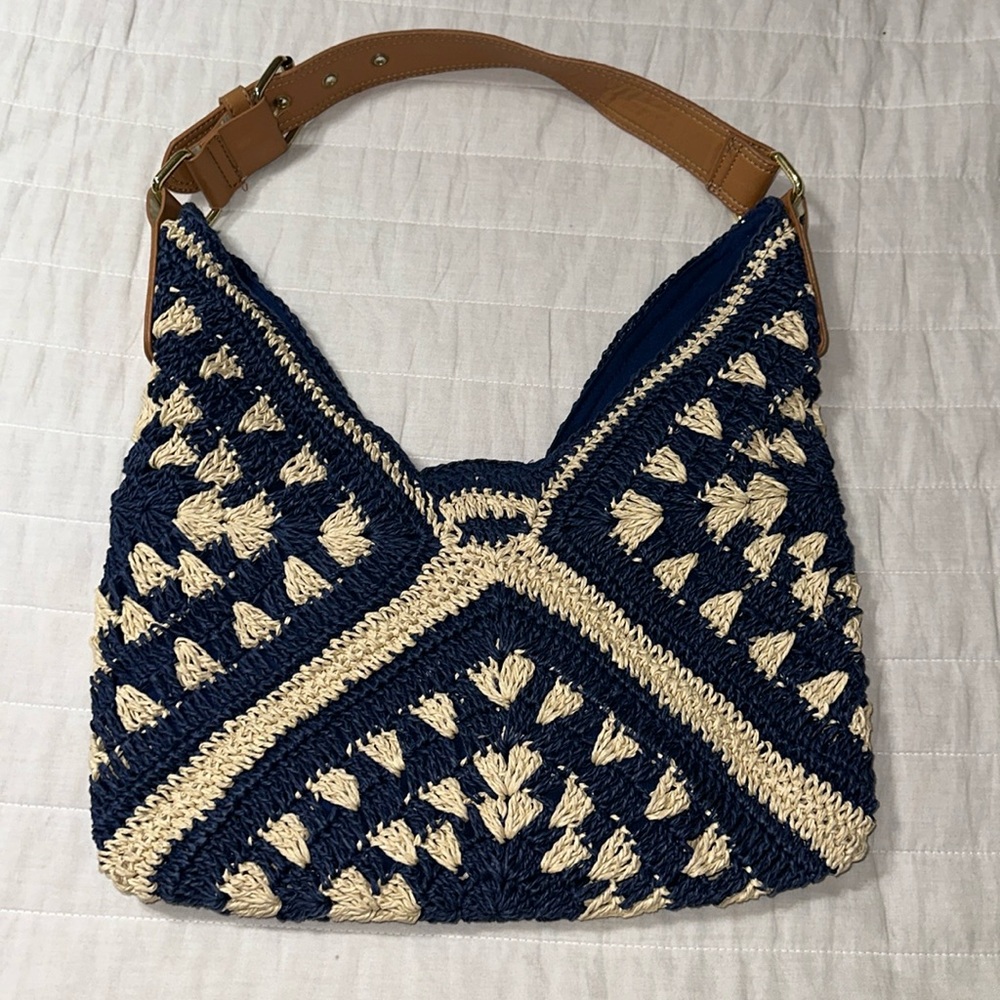 Franco Sarto Navy Cream Paper Straw Macrame Faux Tan Leather Trim Hobo Bag